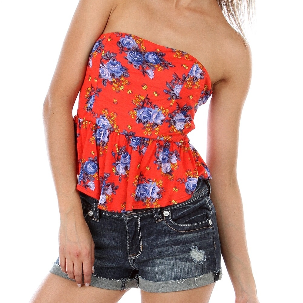 NEW✨ Orange Red Blue Floral Flower Print Strapless Tube Top Babydoll Blouse